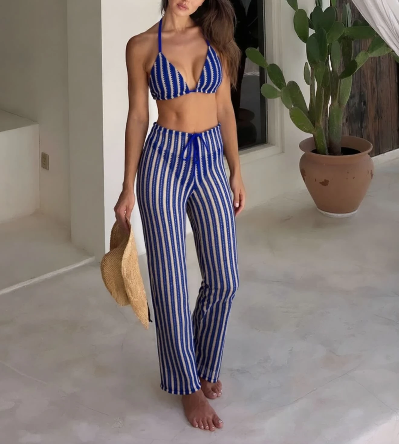 Women Triangle Bikini Set Black White Striped 2 Piece Swimsuit with Sheer Cover Up Pants Beach Vacation Swimwear Outfit Swimming
