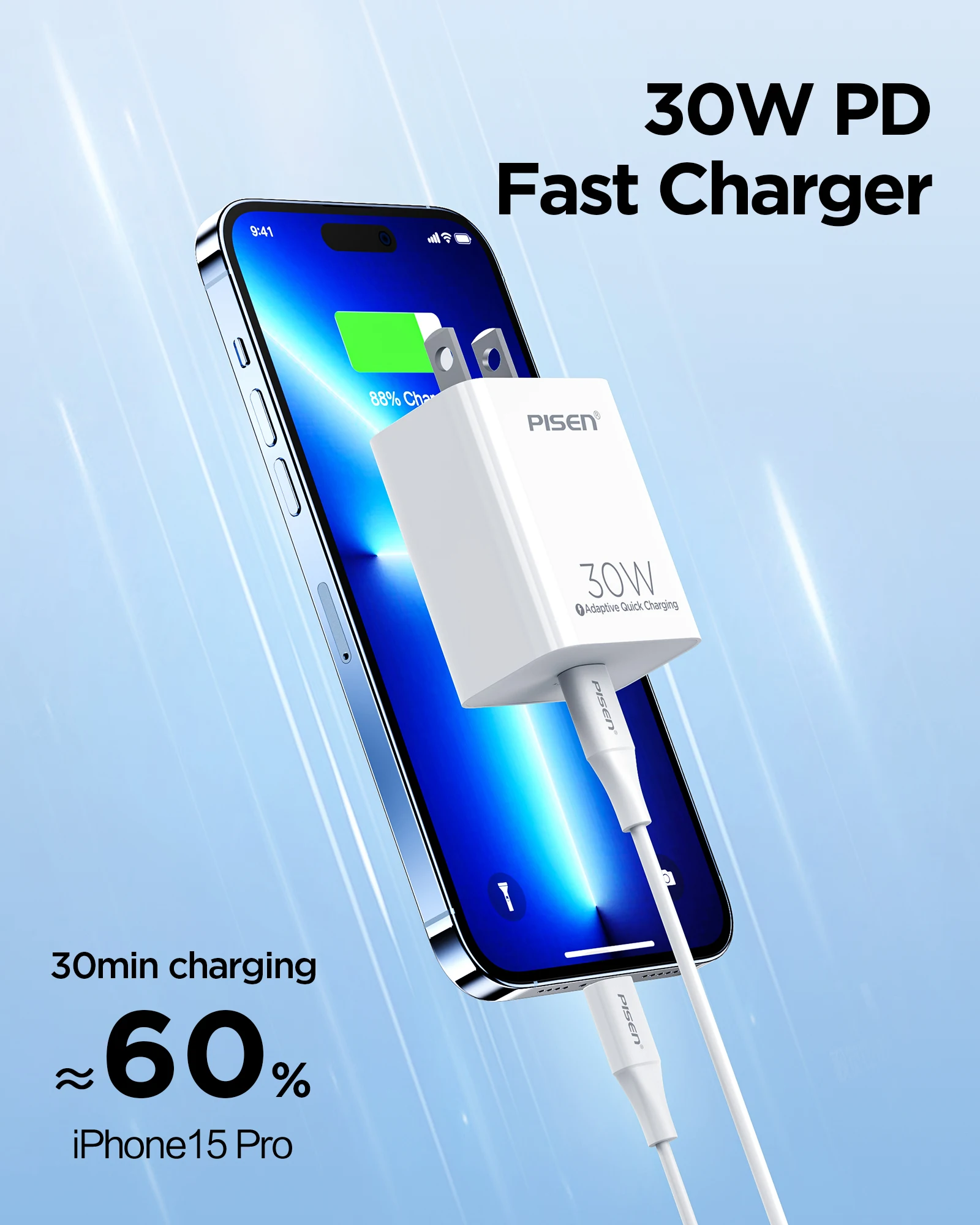 كتلة شاحن سريع PISEN 30W USB-C مع PD3.0، تتضمن كابل Lightning بطول 4 أقدام من النوع C، ومحول طاقة 30 وات متوافق مع iPhone #3