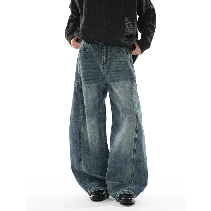 2026 Autumn Winter New Men's Jeans Oversized Wide Leg Pants Loose Vintage Patchwork Lightning Cracked Denim Trousers Streetwear