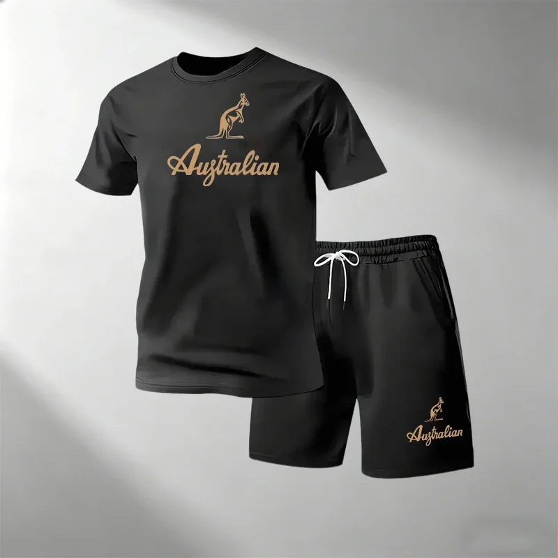 Men's Fitness T-Shirts Sets Breathable Quick Dry Short Sleeve + Sports Shorts Summer Casual Round Neck Suit Hot Sale Street view 4