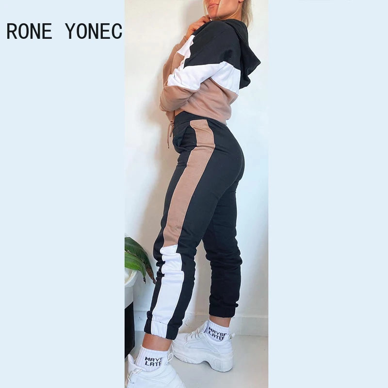 Women Long Sleeves Patchwork Pattern Side Striped Sporty Hooded Ankle-Length Two Pieces Pants Sets