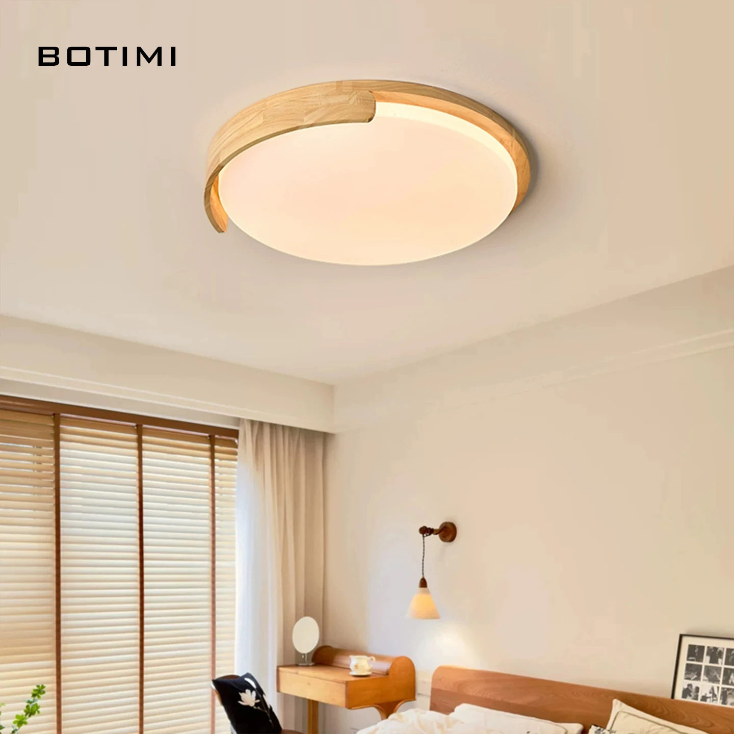 BOTIMI Modern Round LED Wood Ceiling Light With Remote Contral For Bedroom Surface Mounted Lighting