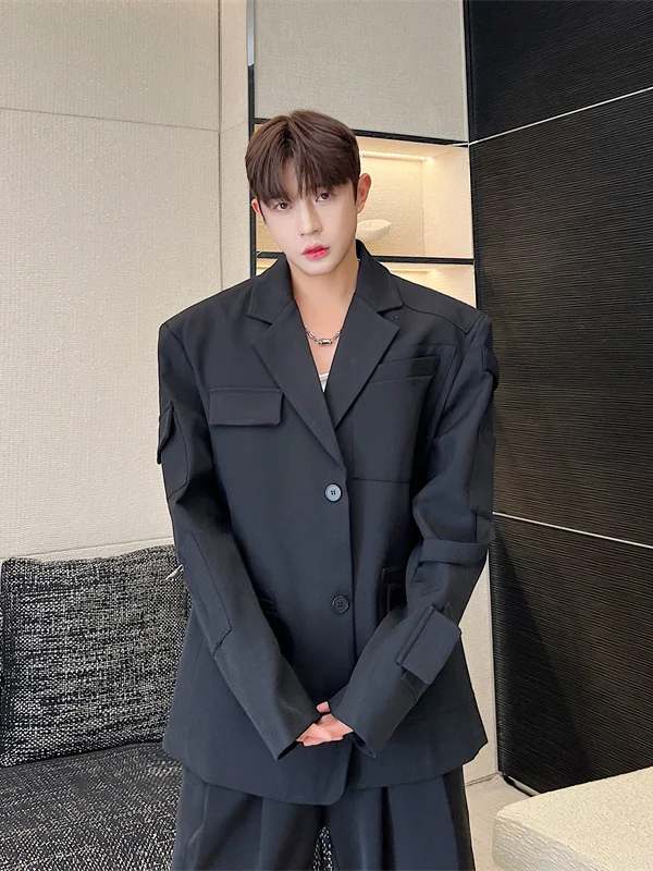 

Korean Sle Men's Faionable Suit Jaet with Multiple kets Hairst Casual Long Sve Stand Fit