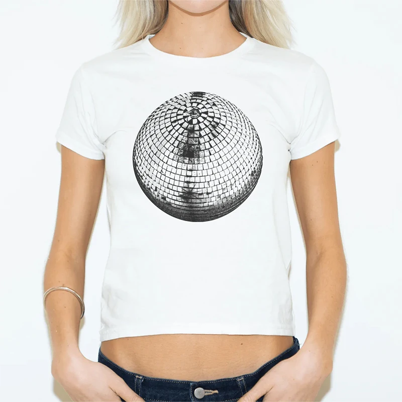 Summer Womens Casual T-Shirt Glitter Ball Graphic Print Slim Fashion Cropped Crop Top Y2k Goth Harajuku Sexy Aesthetic Baby Tees