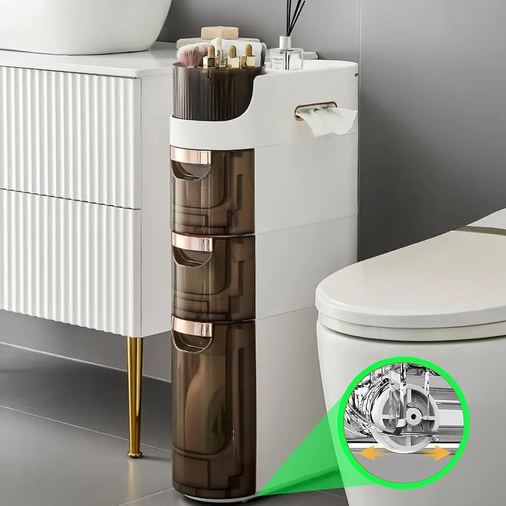 

3-Tiers Slim Bathroom Storage Cabinet, Waterproof Narrow Bathroom Storage, Movable Floor Cabinet Organizer With Drawers For