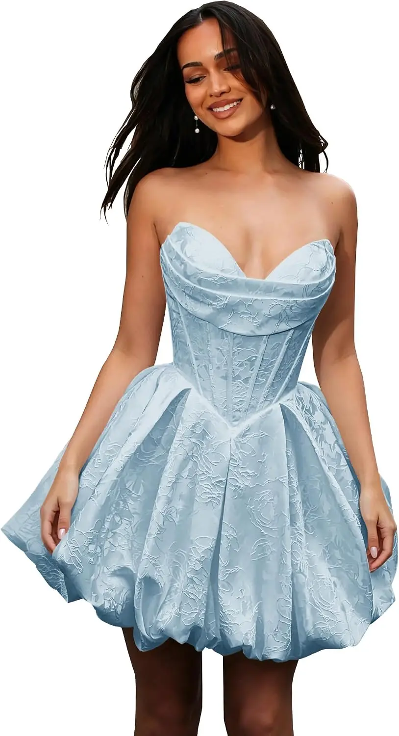 Short Women's Jacquard Prom Dress Strapless Off Shoulder Sweetheart 3D Embossed Floral Pattern Mini Evening Dress Party Dresses