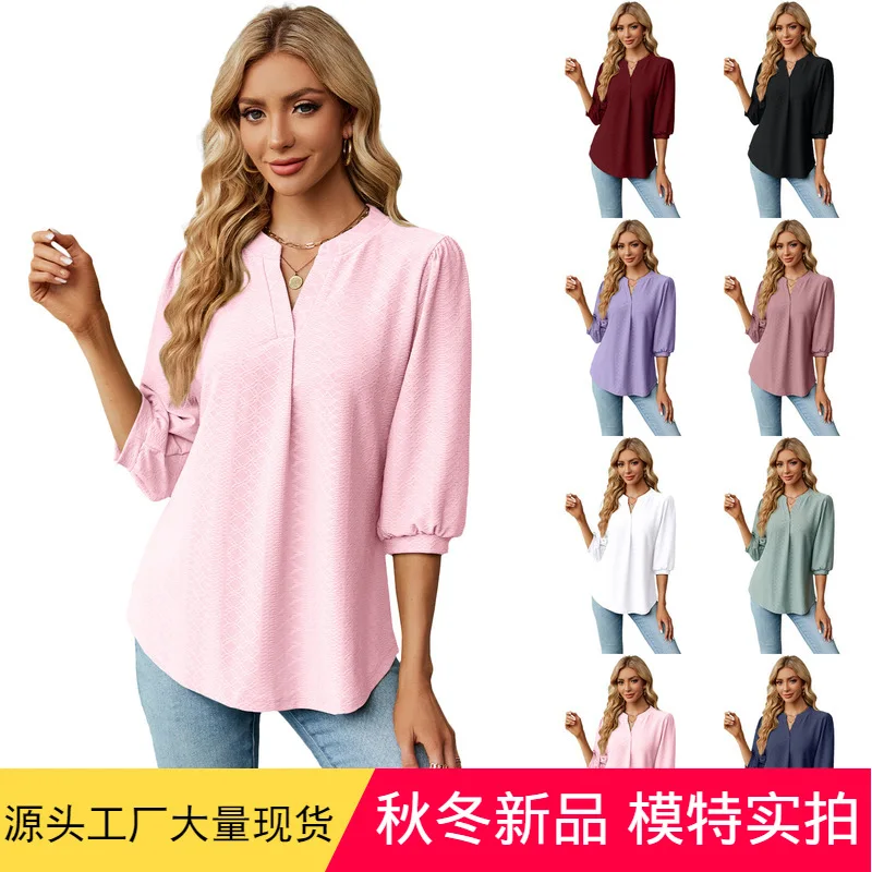 2025 Autumn and Winter New Solid Color V-neck Jacquard Seven-quarter Sleeve Loose T-shirt Top Europe and America