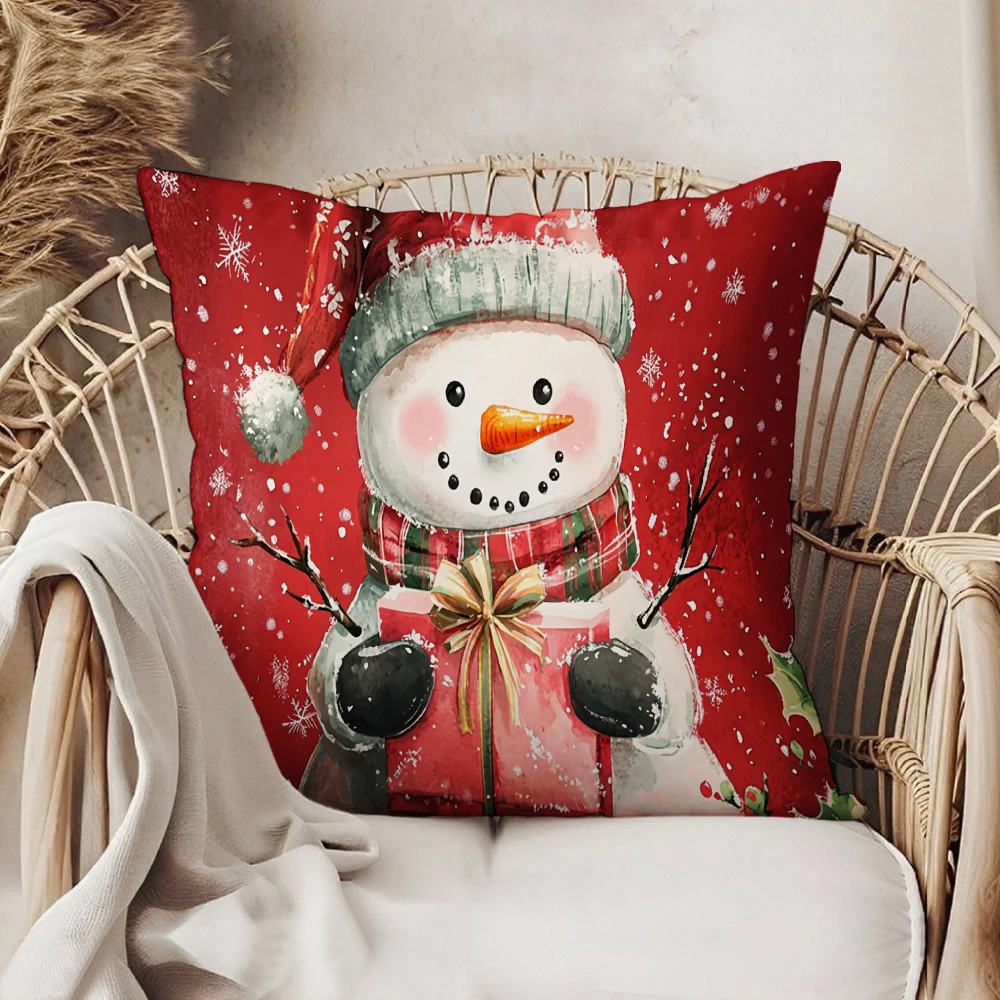 Square Throw Pillow Cover Red Snowman Holding Gift Box With Santa Hat And Scarf Snowflake Print For Christmas Home Sofa Chair De