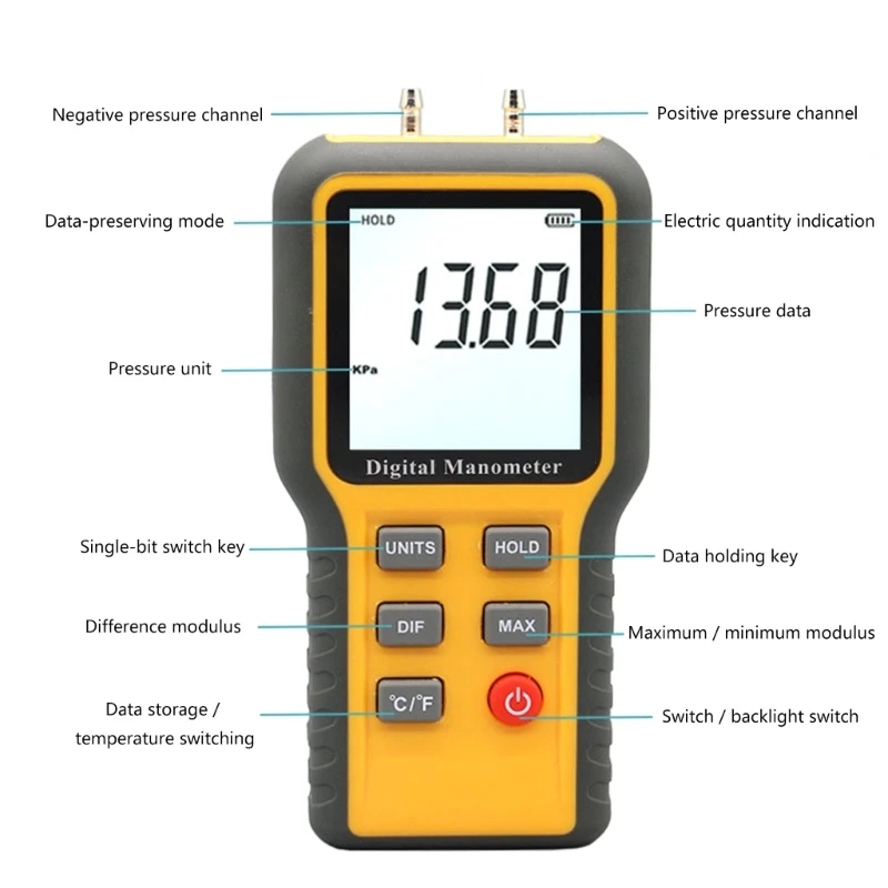 Pressure Tester Double Port HVAC Digital Manometer Large Display ℃ ℉ Switchable Pressure Measuring Device