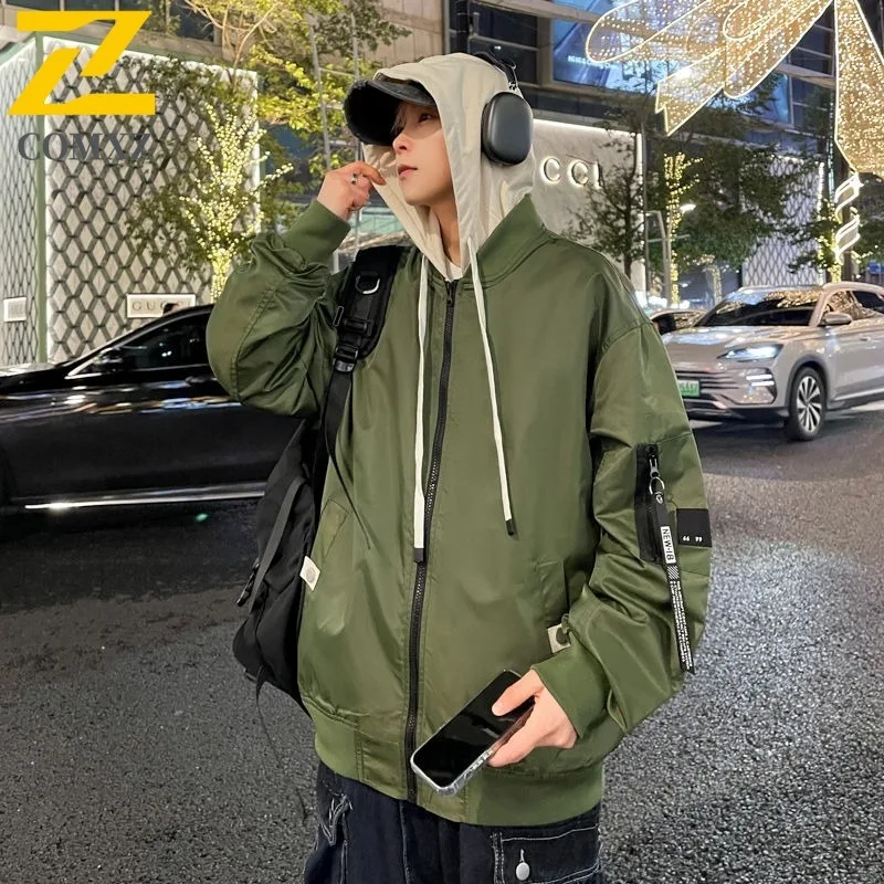 

COMXZ Men Hooded Jacket Solid Color Loose Athleisure Windproof Outdoor Camping Travel Jacket Preppy Sport Jackets Streetwear