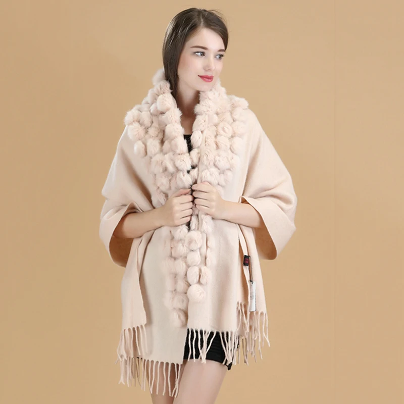 

ZDFURS*Luxury Brand Scarf Women Winter Thick Genuine Rabbit Fur Pompom Ball Shawls and Women's Wool Cover Cashmere Pashmina