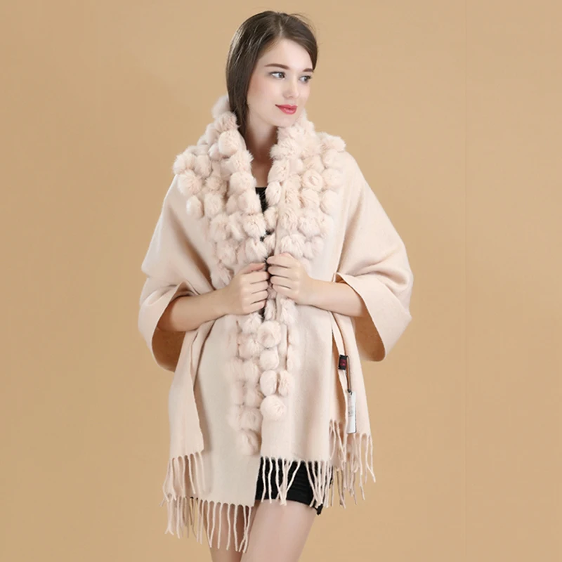 ZDFURS*Luxury Brand Scarf Women Winter Thick  Genuine Rabbit Fur Pompom Ball  Shawls and Women's Wool Cover Cashmere Pashmina