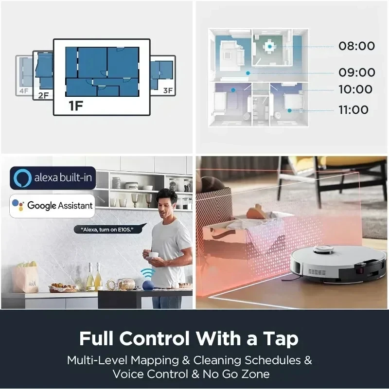 E10s Robot Vacuum com Estação de Auto Esvaziamento Bagless, Robotic Mop Combo para Pet Hair, Tapete e Piso, Auto Lifting Mop