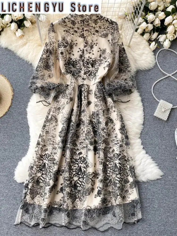 

Женское платье с вышивкой, элегантное Свободное платье с длинным рукавом и высокой талией, весна-лето