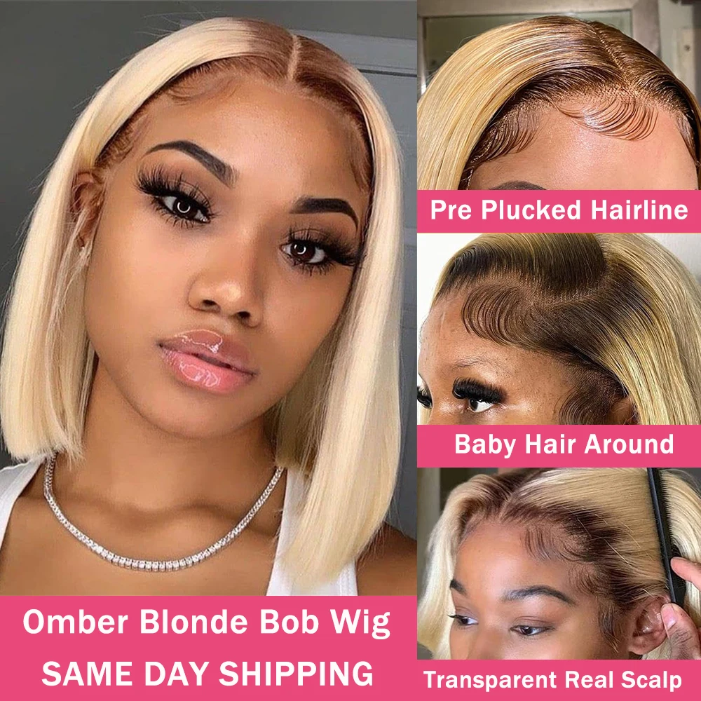 Ombre Blonde Bob 13x4 Lace Front Human Hair Wigs Dark Root #4/613 Honey Blonde Colored Short Bob Lace Frontal Wig Clearance Sale