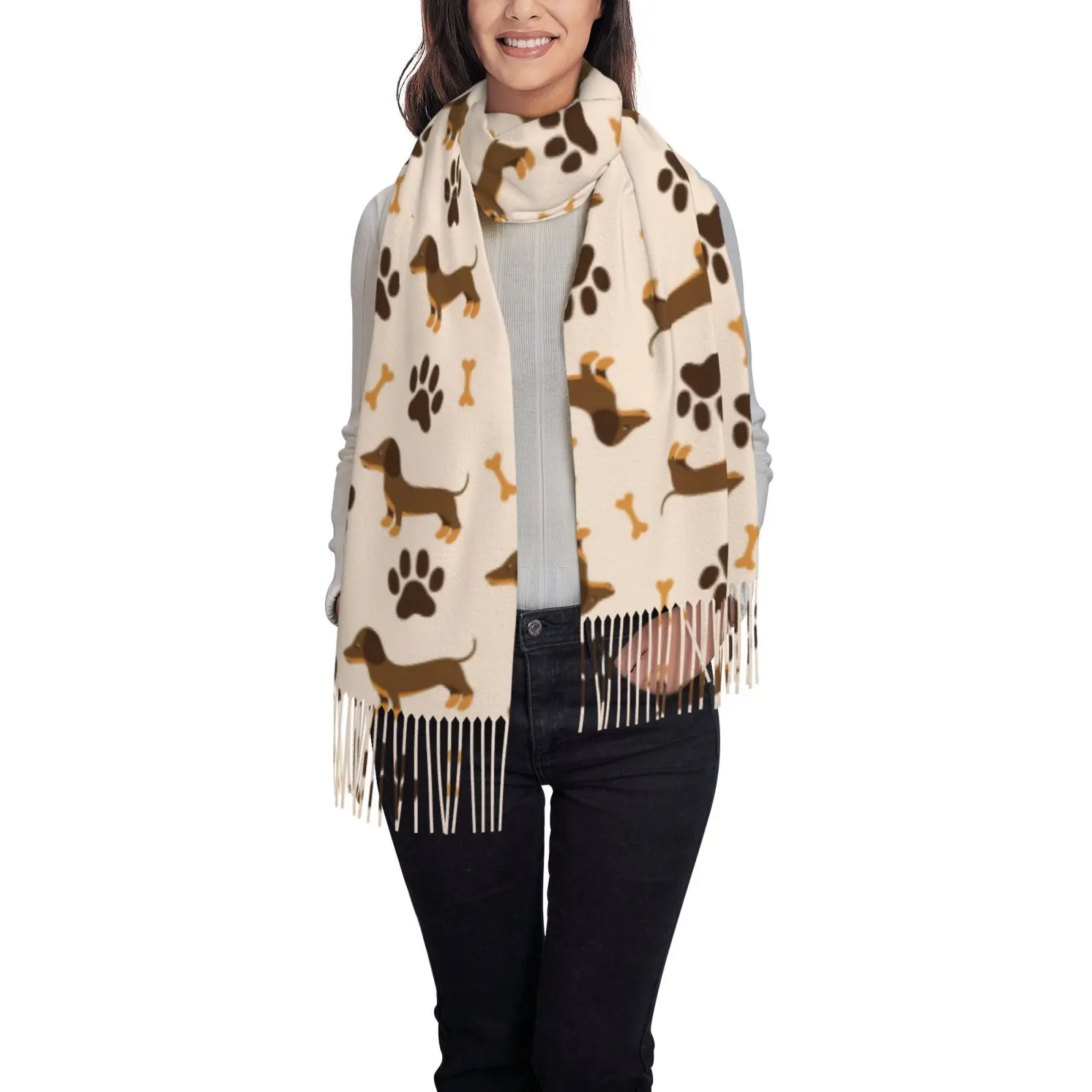 Cute Dachshund Dog Paw Bone Print Tassel Scarf for Women, Soft Thick Winter Warm Shawl Wrap, Pet Lover Casual Outerwear