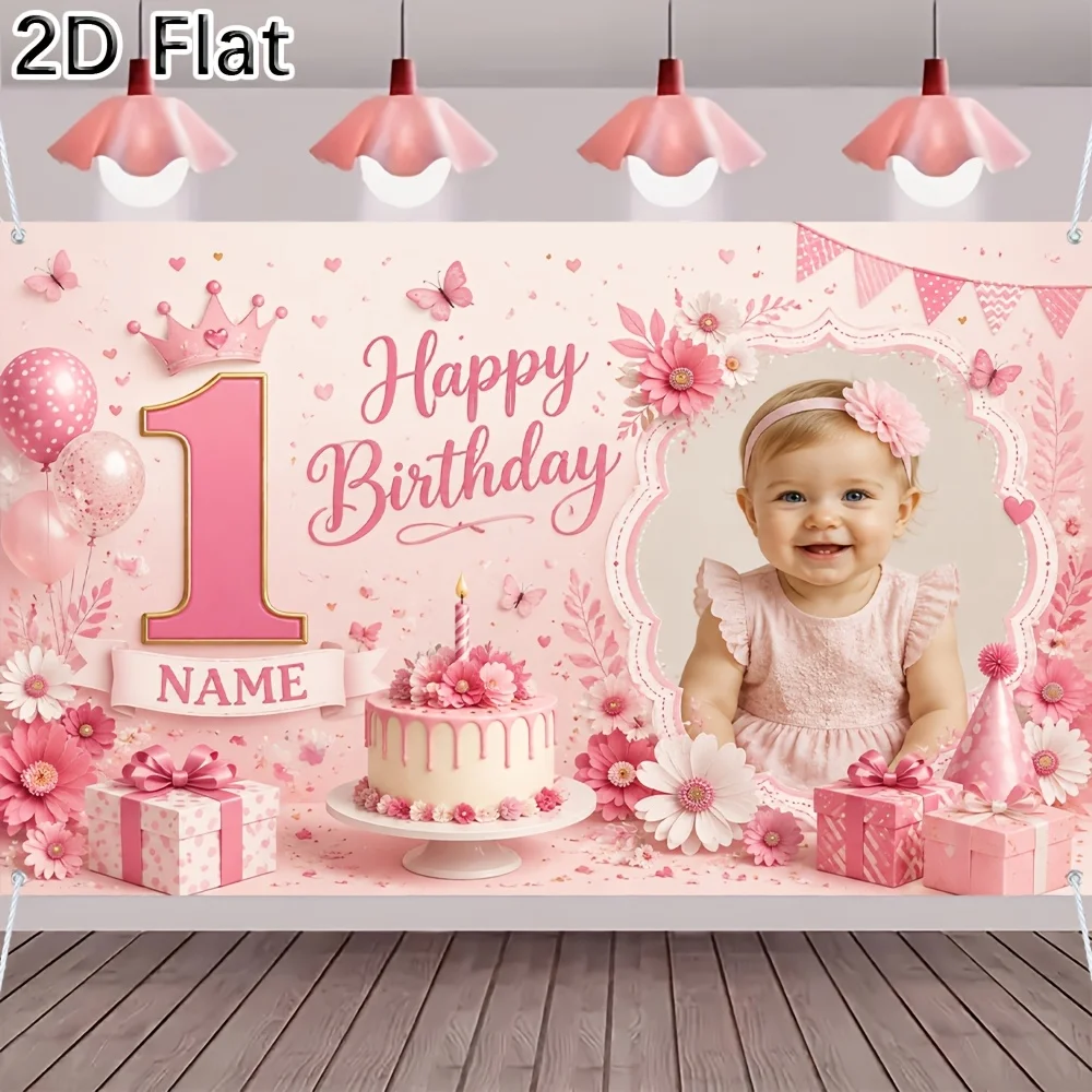 1pc Pink Floral Girl 1st Birthday Backdrop with Photo Frame Custom Name Happy First Birthday Party Banner Decor
