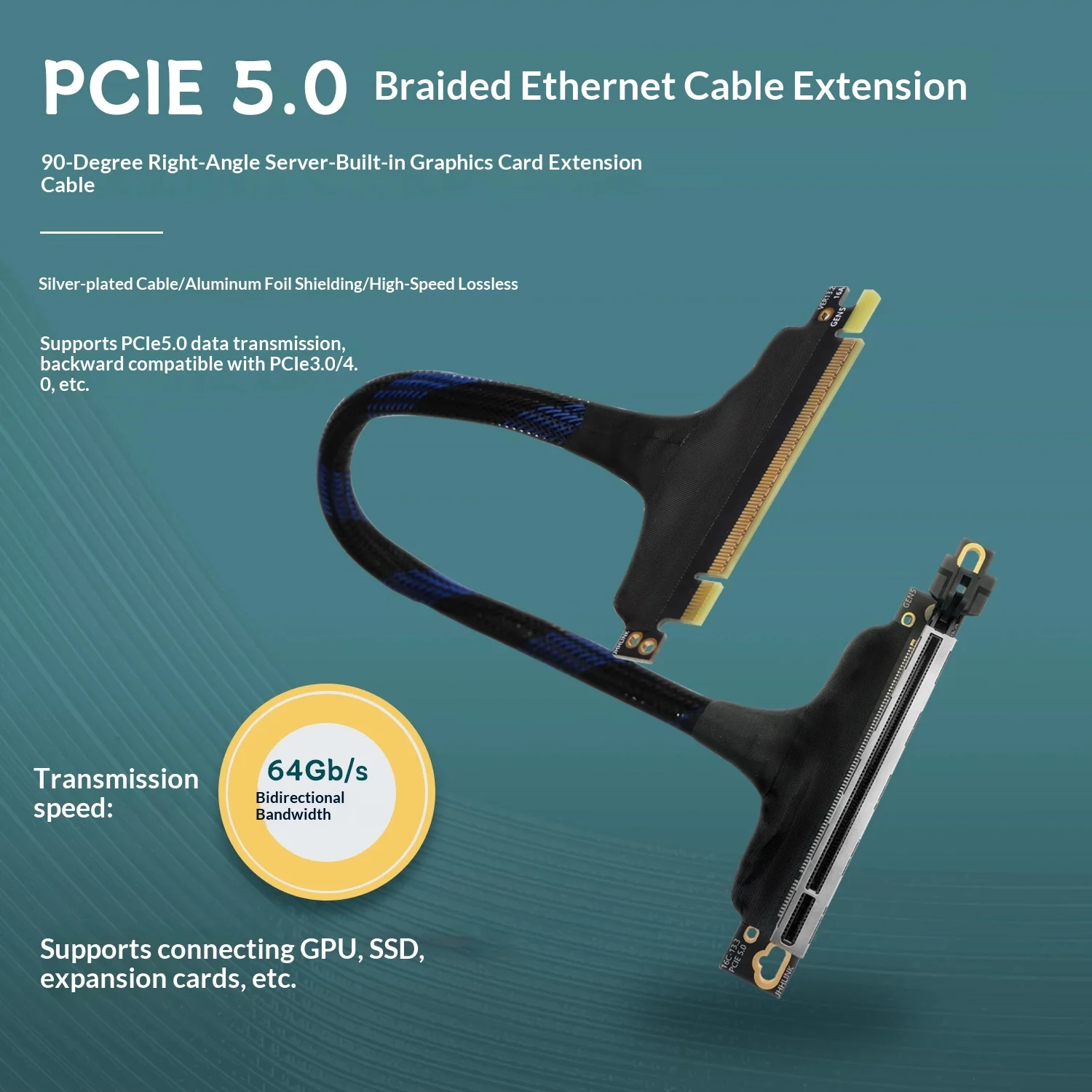 HOOCCC PCIe 5.0 X16 GEN5 Braided GPU Extension Cable — 90° Flat Version, Silver-Plated Shielded Riser for RTX 50 / RTX 40 & Ser