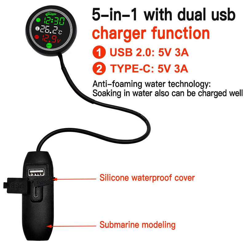 Compteur de température d'eau Therye.com, voltmètre multifonctionnel, mini vélo de course, haute qualité, 5 en 1, 12V