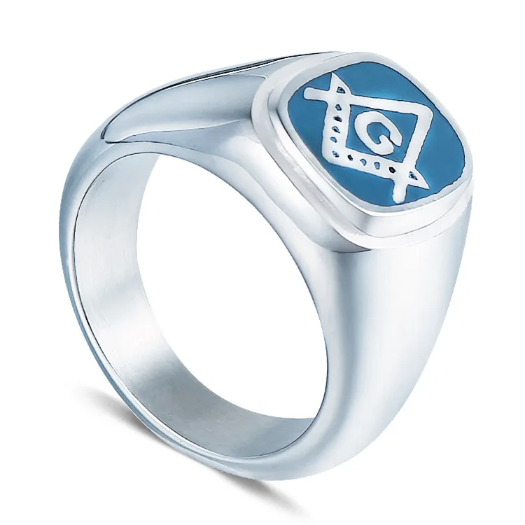 Classic Masonic Ring Stainless Steel Charm Jewelry Blue Mason Freemasonry Compass Men Biker Ring SYR0005