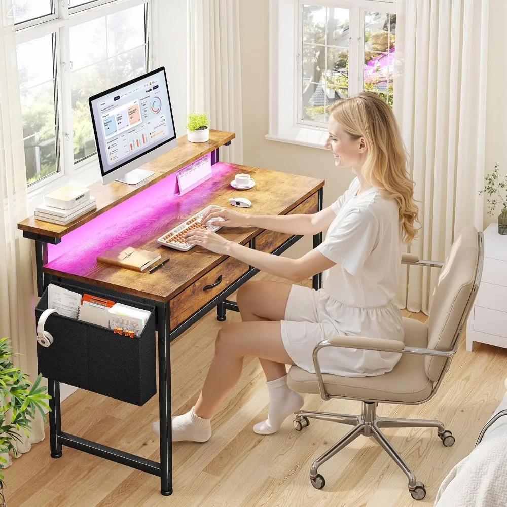 Gaming Desk with LED Lights & 2 Fabric Drawers, 39.4