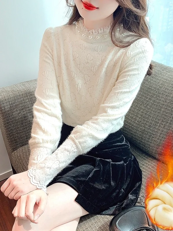 

Women's Fce Lined Lace Base irt Spring Autumn Faionable Sli Inner Wear Long Sve Top Commute Sle Loose Fit