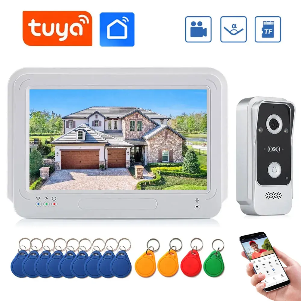 

Wifi 7inch Color Touch Screen Video Door Phone Intercom Entry System 1Monitor Support TF Card Record 1 RFID Doorbell HD Camera