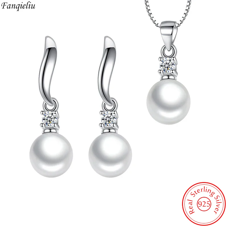 

Fanqieliu Solid 925 Sterling Silver Pearl Pendant Necklace Crystal Stud Earrings Jewelry Sets For Women New Trendy FQL23080