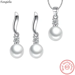 Fanqieliu Solid 925 Sterling Silver Pearl Pendant Necklace Crystal Stud Earrings Jewelry Sets For Women New Trendy FQL23080