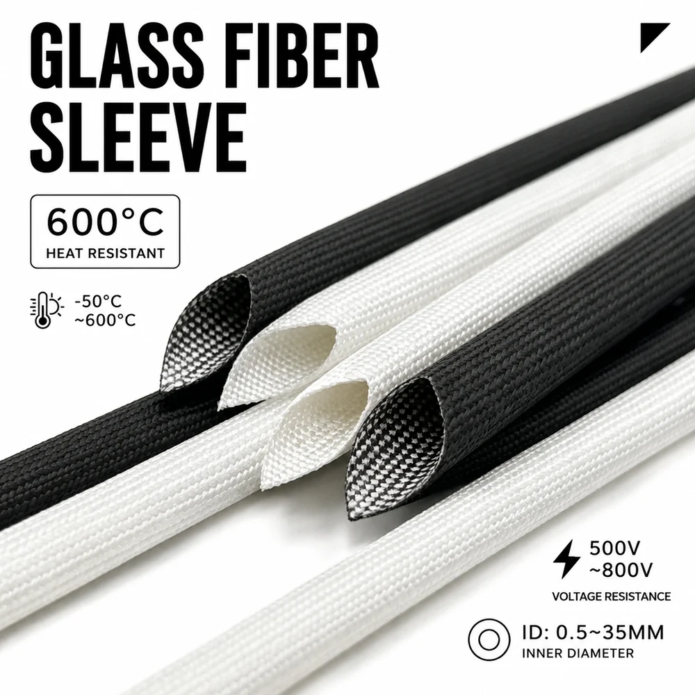 Black/White 600 Deg C Glassfiber Sleeve ID 0.5-35mm Insulation/High Temperature Wire Harness Protection Insulation Tube