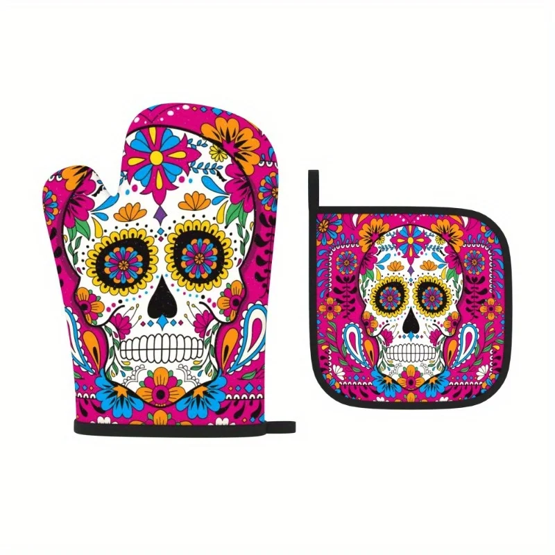 Mexico Skull 2pcs Heat Resistant Oven Mitts Potholders Rose Red Painted Skull Floral Oven Mitts and Pot Holders Suitable