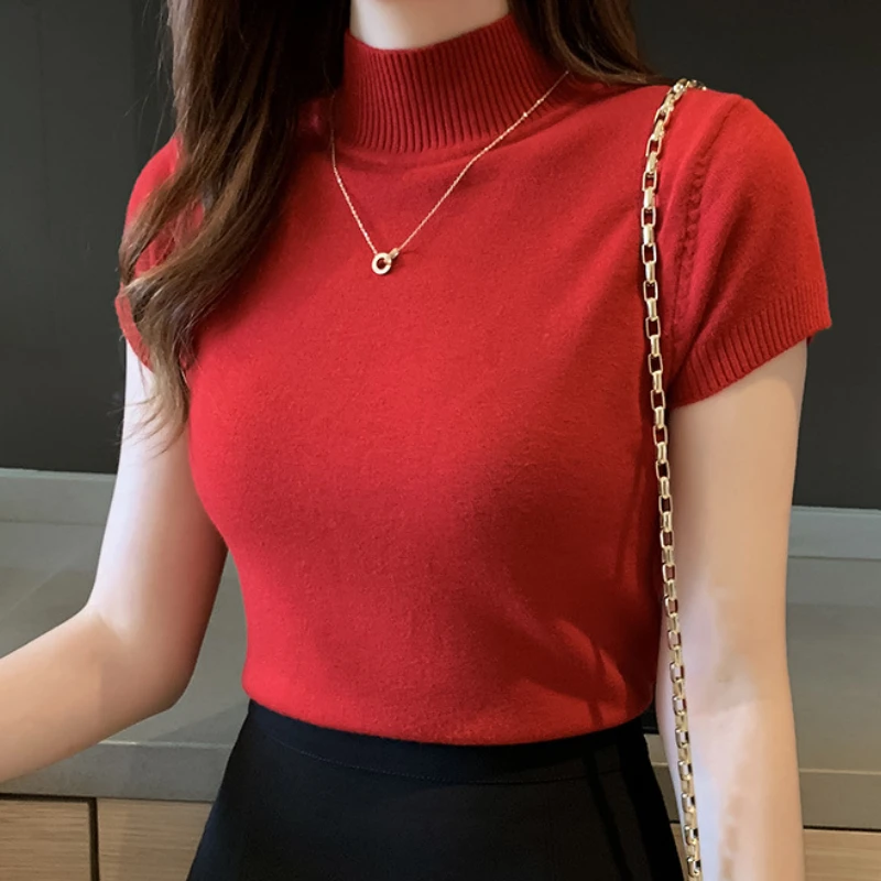 T-shirt Woman Clothing Solid Half High Neck Pullover Knitted Tops Fashion Blouse Casual Base Bottom Shirts Soft spring summer