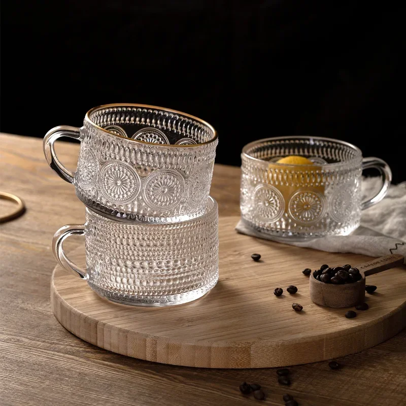

Embossed Cup Nordic Style Retro Phnom Penh Sunflower Glass Cups with Handle Milk Oatmeal Breakfast Mug