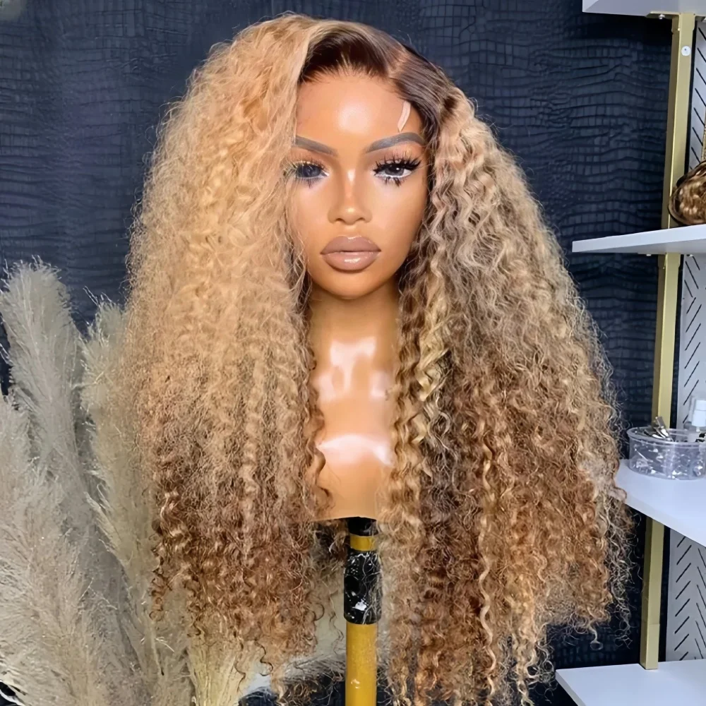 Soft Ombre Blond 26“Long Kinky Curly 180Density Lace Front Wig For Black Women Babyhair Synthetic Heat Resistant Glueless Daily