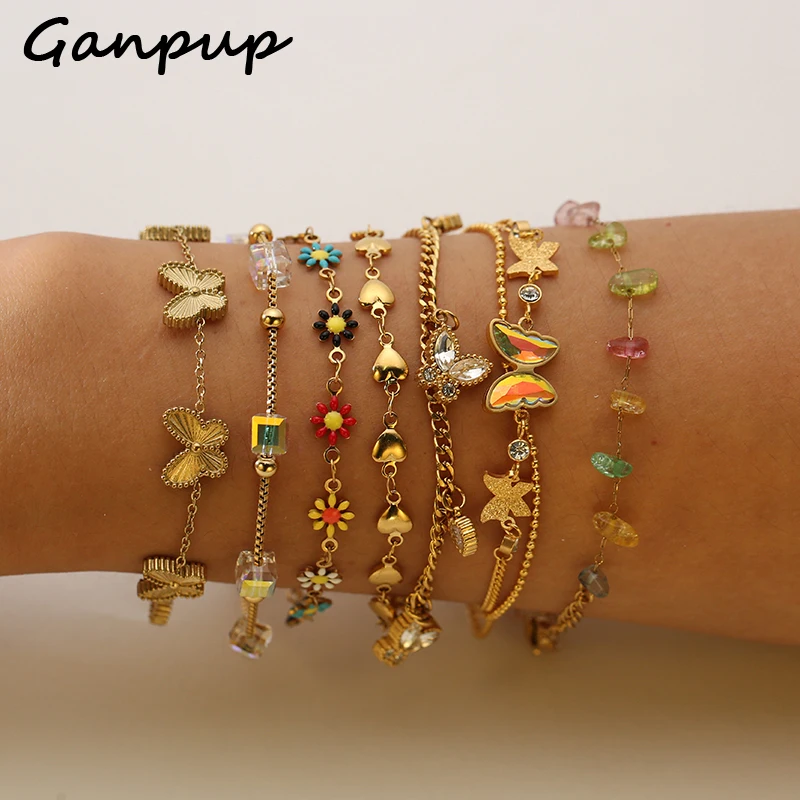 

GANPUP 316L Stainless Steel Bangles Colorful Stone Butterfly Flower Wrist Chain Bracelet Fashion Jewelry Exquisite Metal Women
