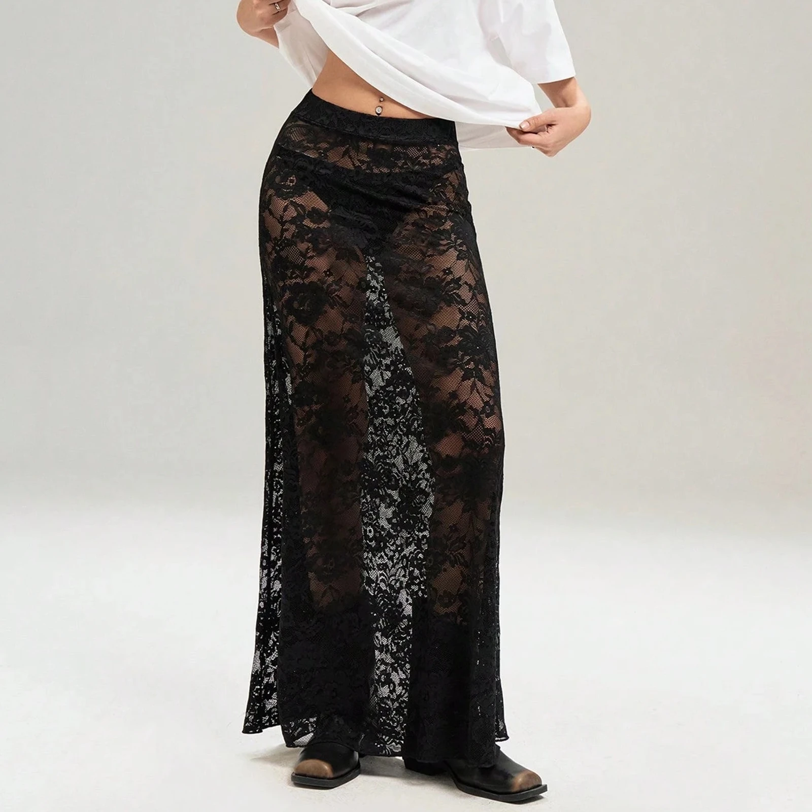 

Women Summer Midi Skirts Casual Elegant Solid Color Sheer Lace Skirt For Beach Vacation Party Wear