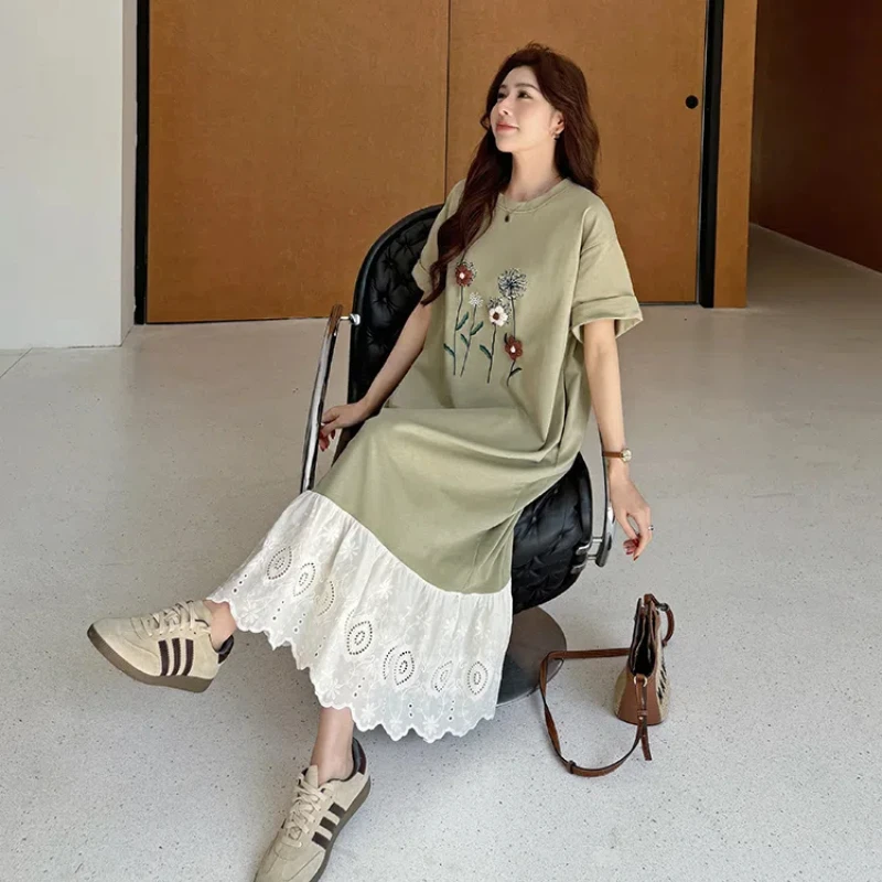 ผู้หญิงหลวมพลัสขนาดเสื้อยืดชุดฤดูใบไม้ผลิฤดูร้อน 2025 Casual Jacquard Patchwork Lady Vestidos KE6805