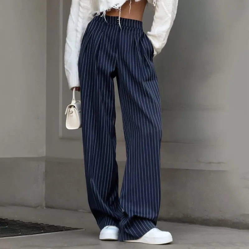 New Autumn Vintage Striped Loose Women's Wide Leg Pant Button Spring High Waist Female Straight Office Full Length Trousers