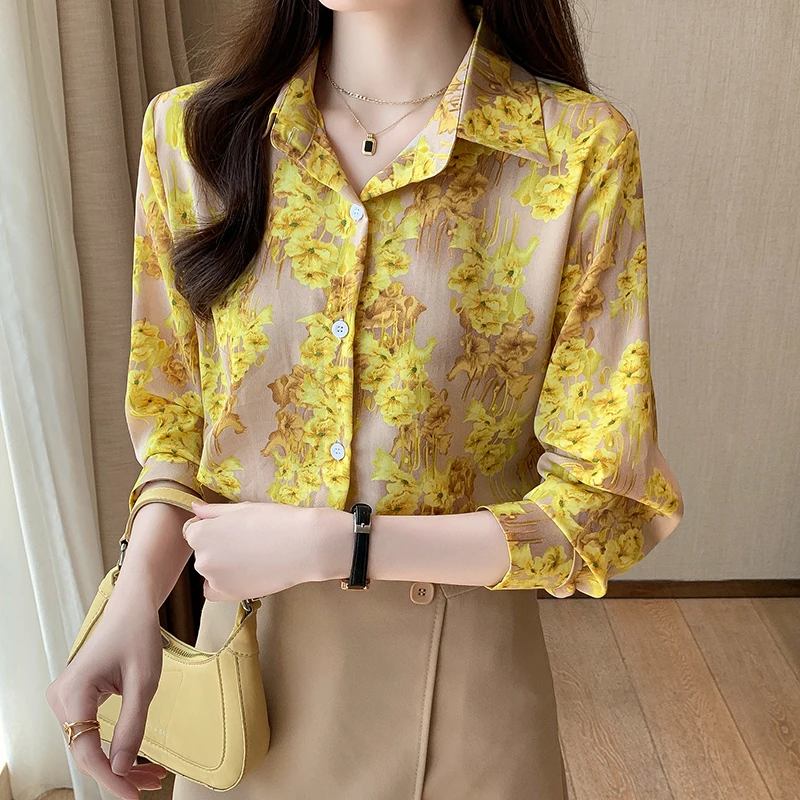 Women Spring Korean Loose Fashion Printing Appear Thin Polo-Neck Long Sleeve Shirts Women Clothes Casual All-match Elegant Tops