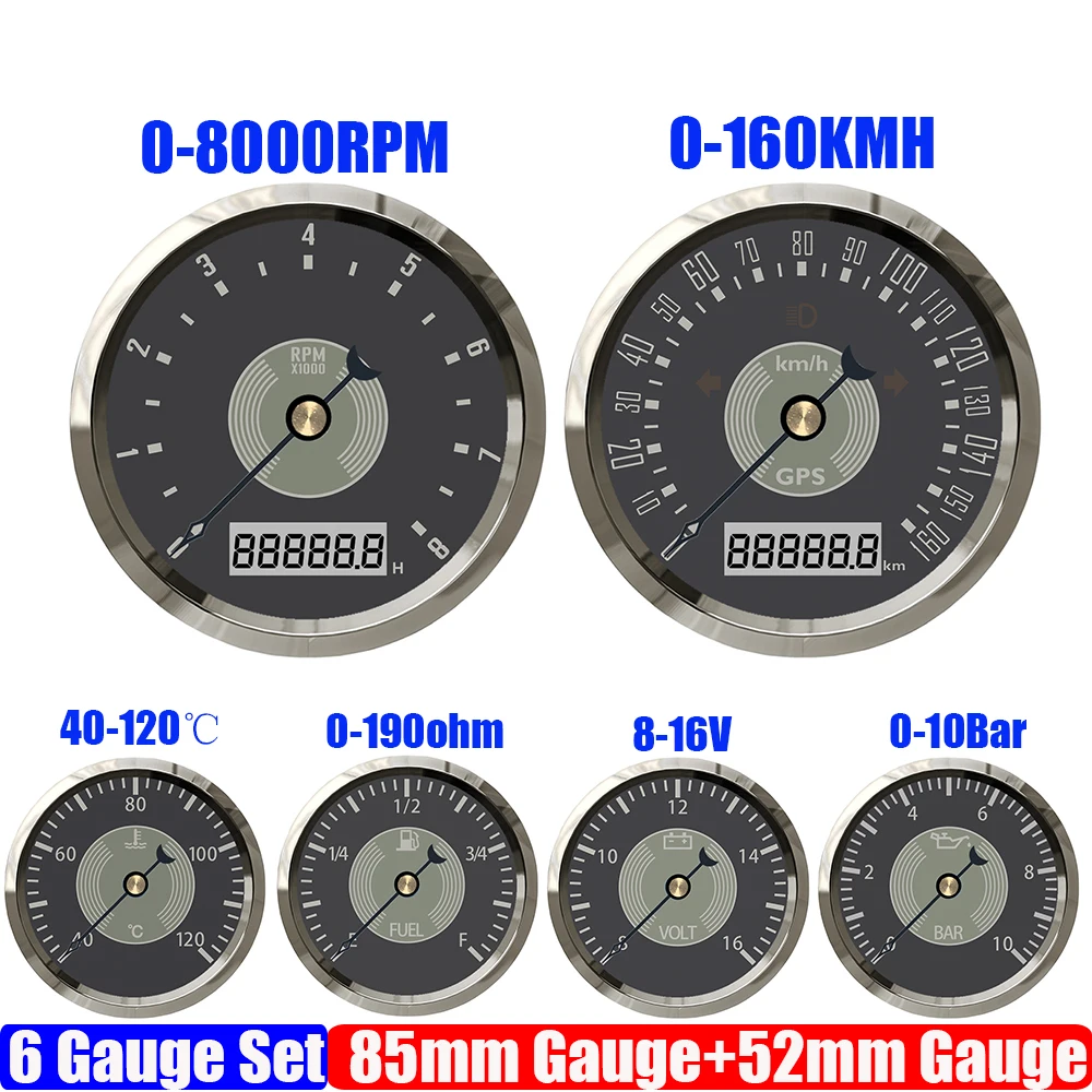 ZMFJH Retro Vintage 6 Gauge Set Classic Styling 160KMH,200KMH GPS Speedometer Tachometer Fuel Level Water Temp Oil Press Voltage