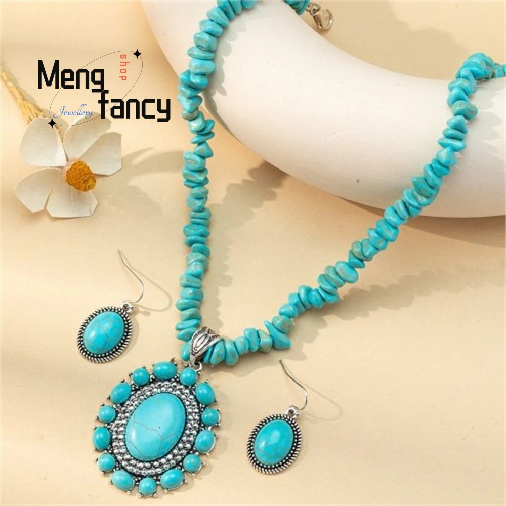 

New Retro Flower Oval Necklaces Turquoise Earrings And An Exaggerated Turquoise Necklace With Western Style Elegant Best Selling