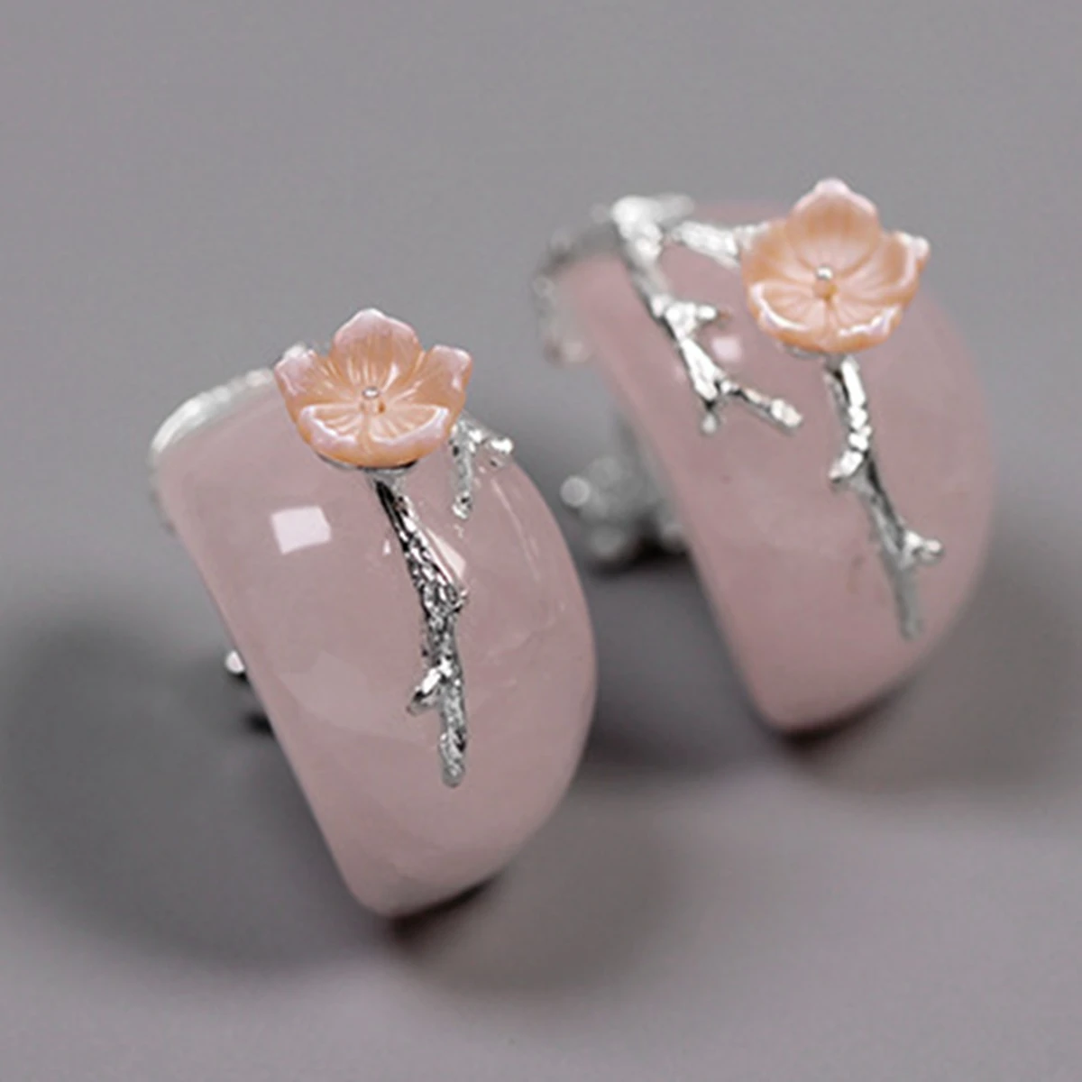 KQDANCE Promotion Sale Vingate Solid 925 Silver Pink Green Jade Flower Earrings Fine Jewelry For Women