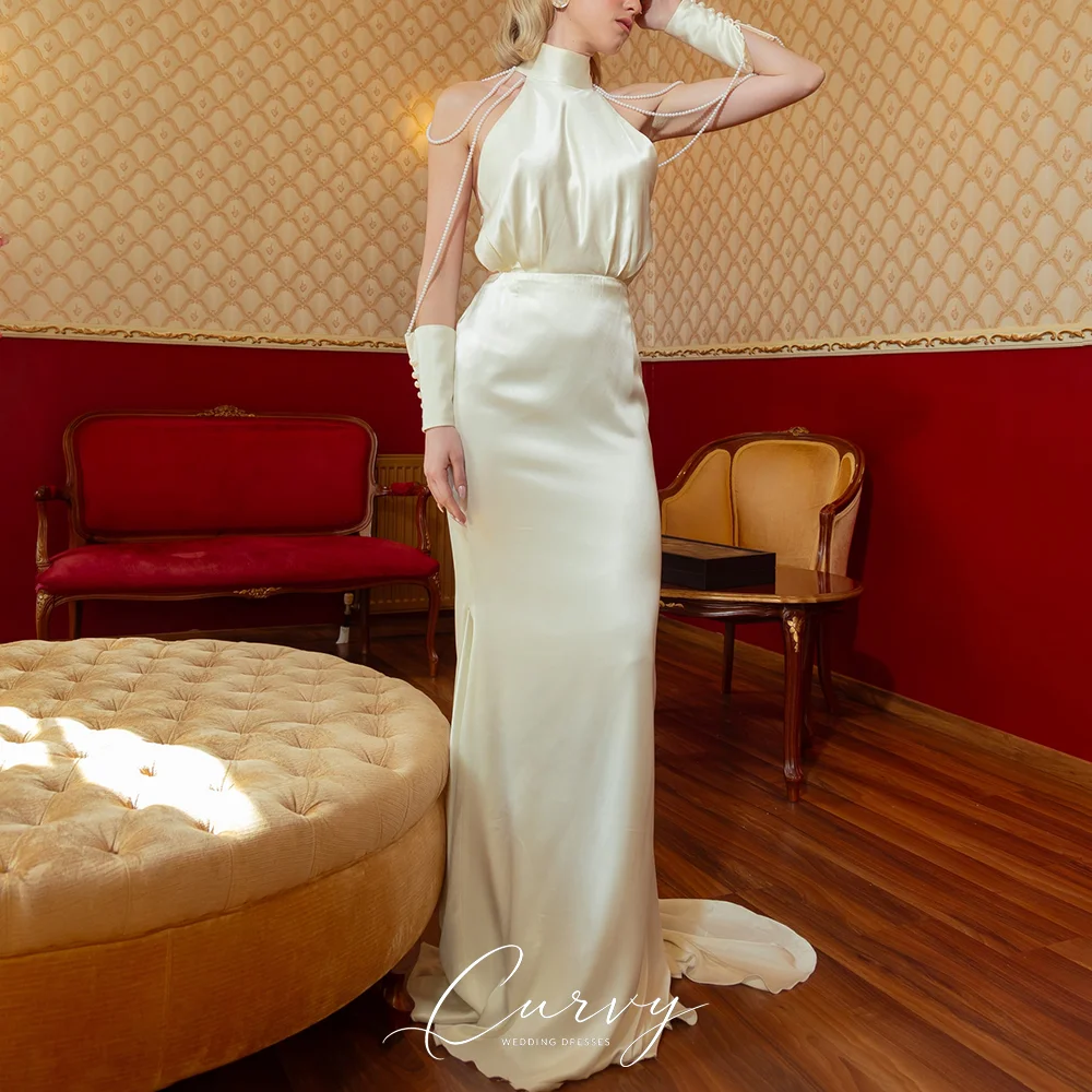 Curvy Luxury Sexy Satin Mermaid Wedding Dress for Women High‑neck Pearl Strap Open‑Back Bridal Gown Button Cuffs 2026
