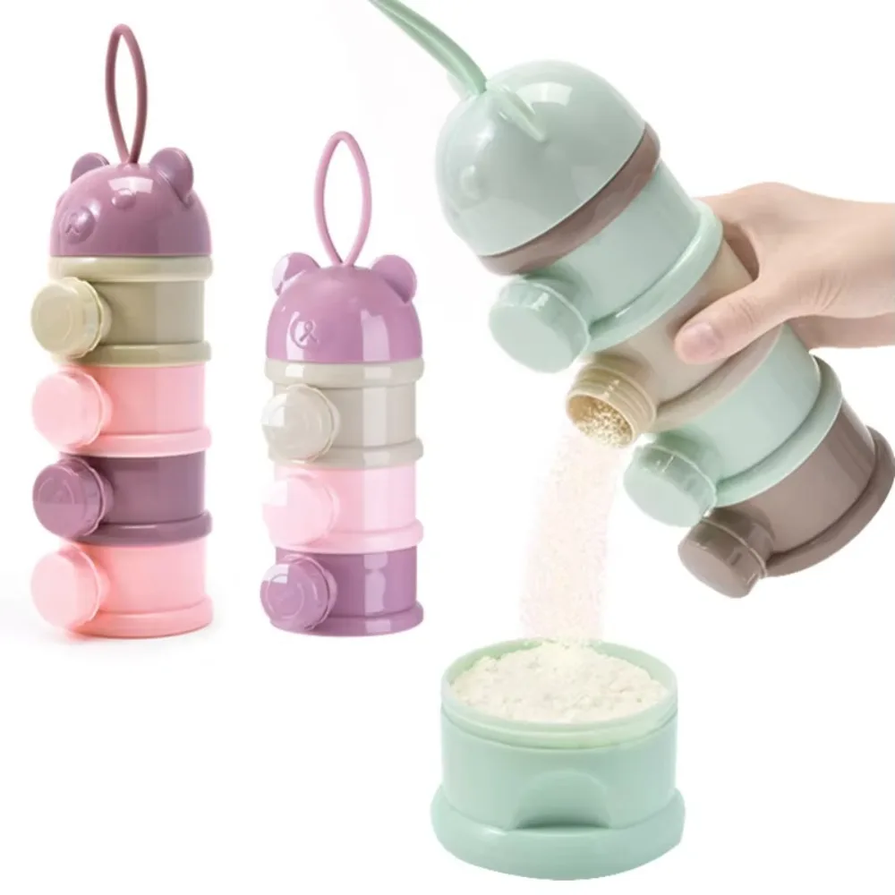 Portable 4 Layer Milk Powder Box Bear Style Multiple Openings Infant Food Storag Box Spill Resistant Toddle Snack Container