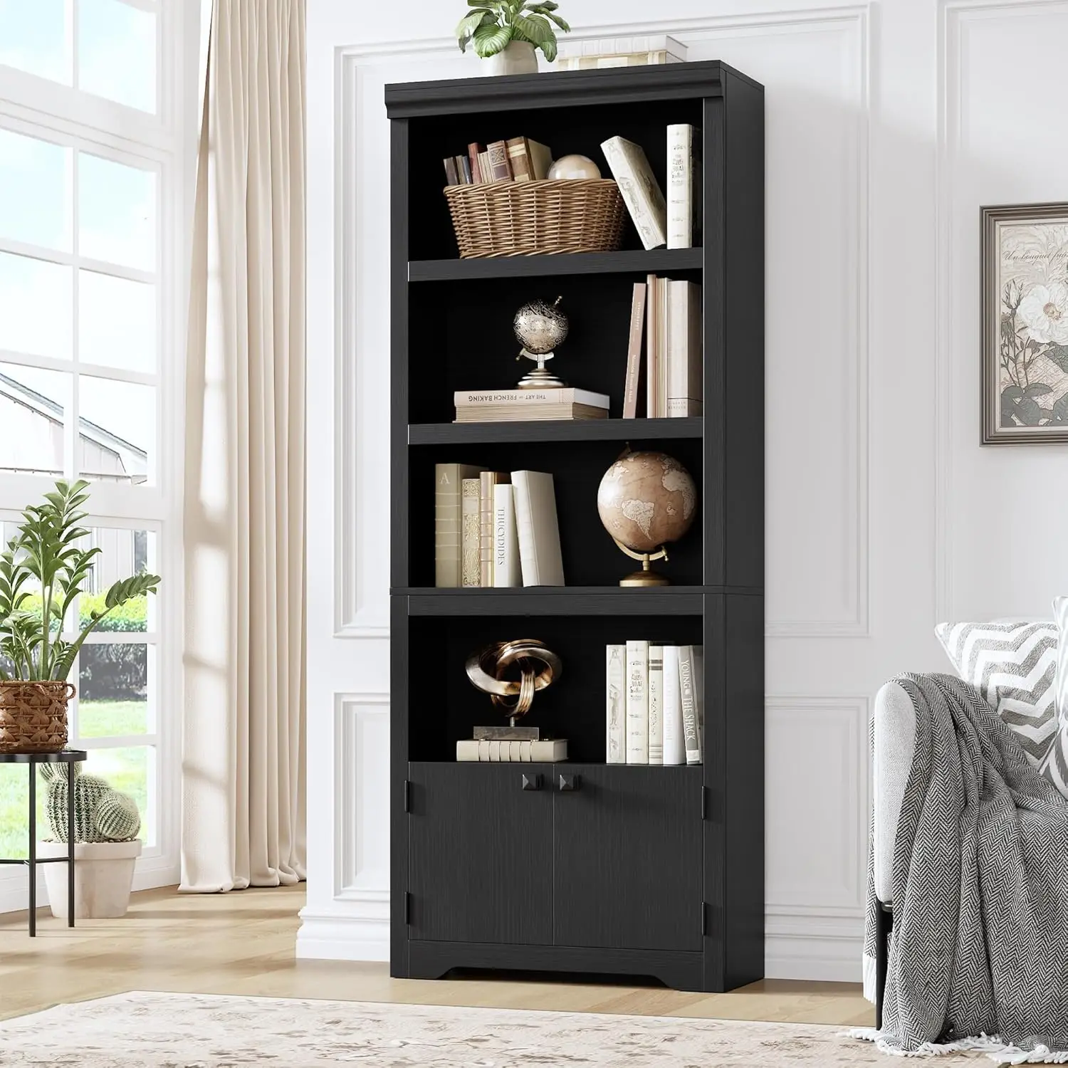 Librería de 5 Niveles y 23.6 Pulgadas de Ancho, Estilo Rústico, Librería de 69 Pulgadas de Alto con 2 Puertas y Estantes Ajustables, Estante de Almacenamiento Abierto con Diseño Antideslizante para Oficina en Casa, Balcón, Estudio