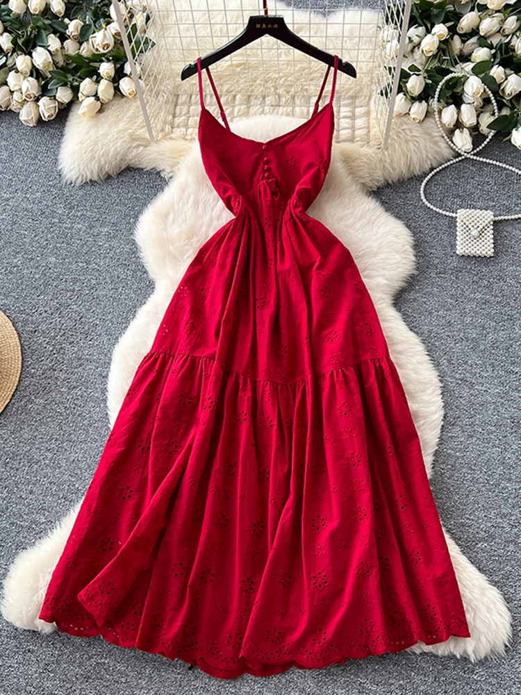 Vestido suspensor bordado vazado estilo férias francês para mulheres verão nova moda sexy cintura cinched vestido com decote em v c398