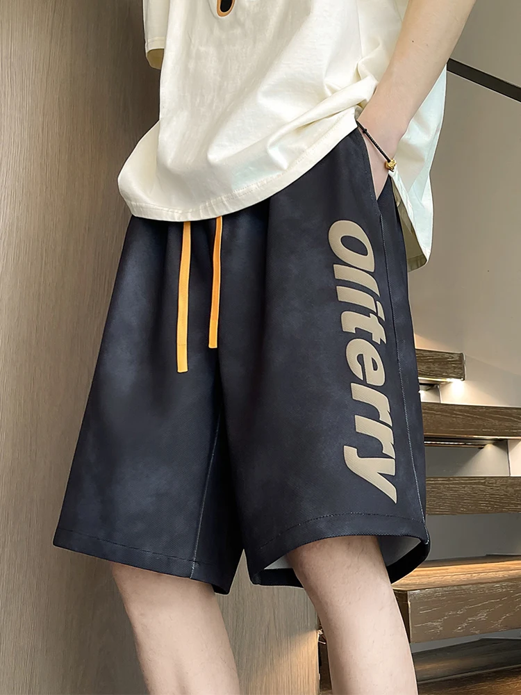 

American Sle Dyed orts Men Summer Loose Straight Casual Pants Teenagers Trendy Brand Five-Quarter Dir Pants Breathable