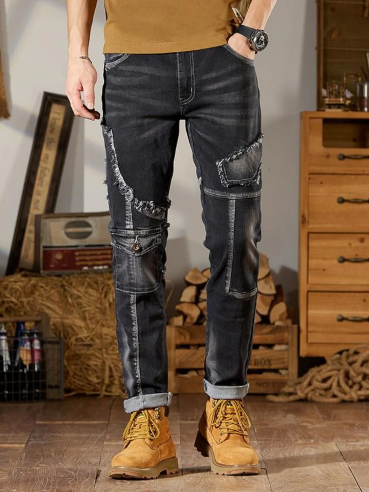 

Trendy Patchwork Ripped Cotton Stretch Denim Jeans Men's Autumn Winter Slim Fit Motorcycle Sle Casual Youth ular