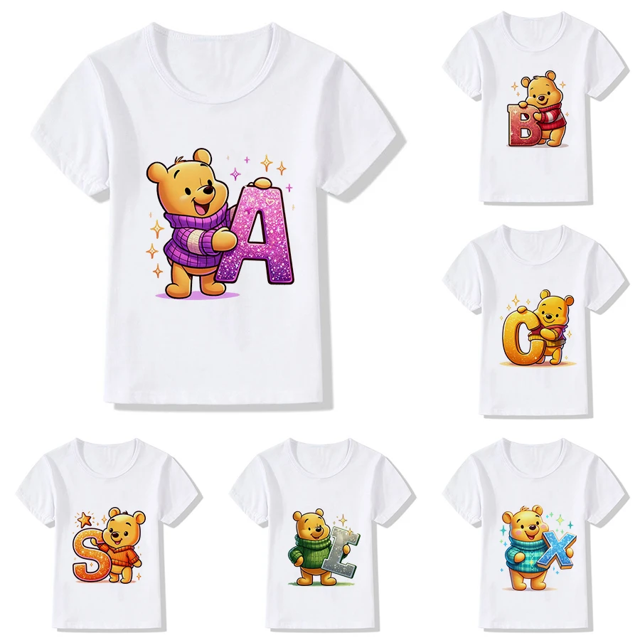 

Winnie The Pooh Children T-shirt Disney Cartoons Letter ABCD Clothes Kids Tees Tops Kawaii Casual Clothing Boy Girl Short Sleeve