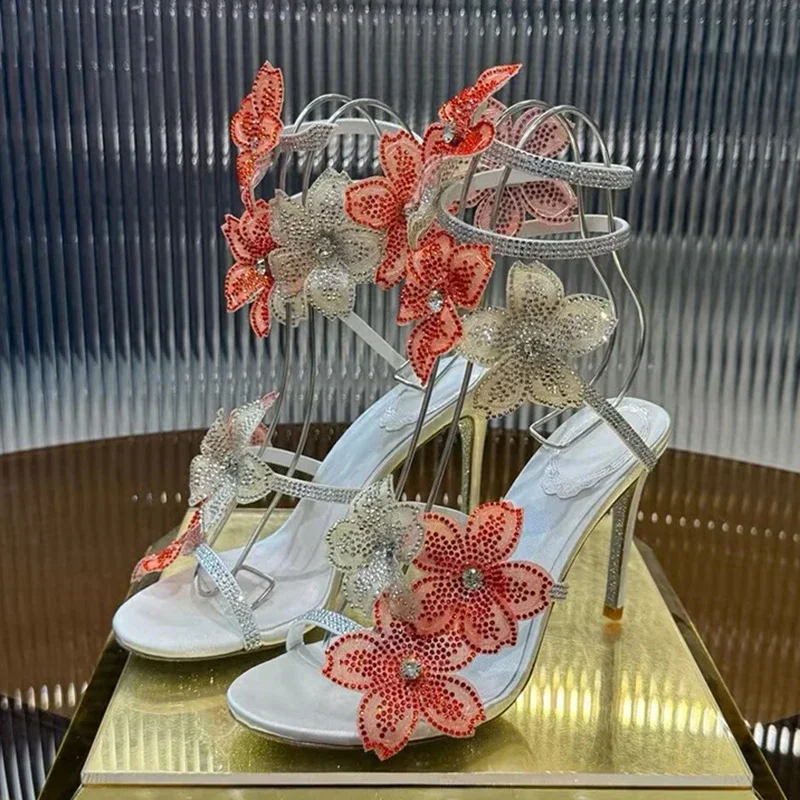 Thin High Heels Gladiator Sandals Women Rhinestone Flower Snake Twine Around Ankle Strap Wedding Shoes Summer Party Sandalias